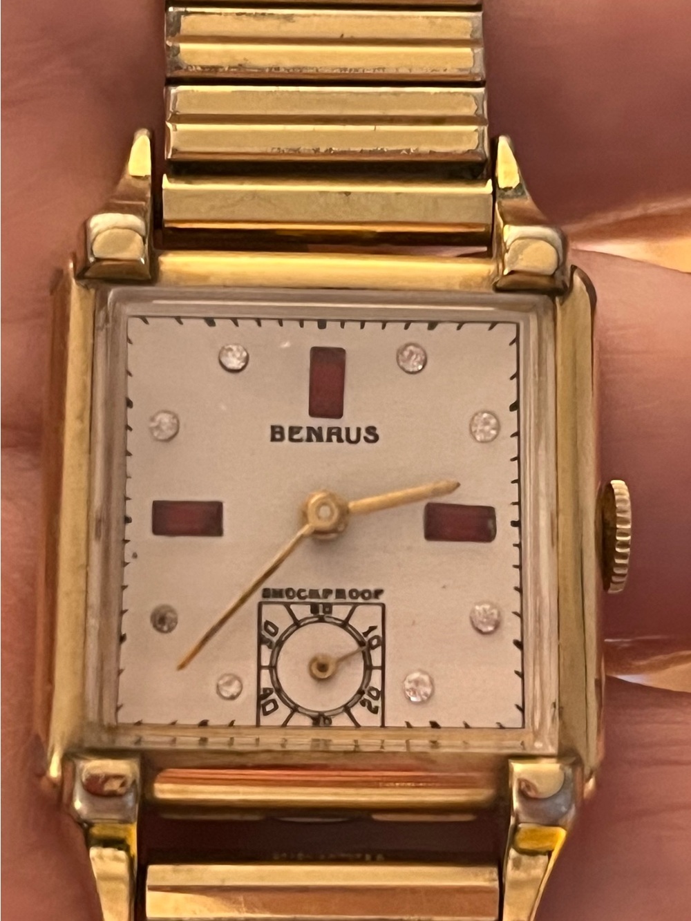 Benrus VTG 1/20 10K Rolled Gold Plate Bezel Watch Synthetic Rubies Crystals 1951